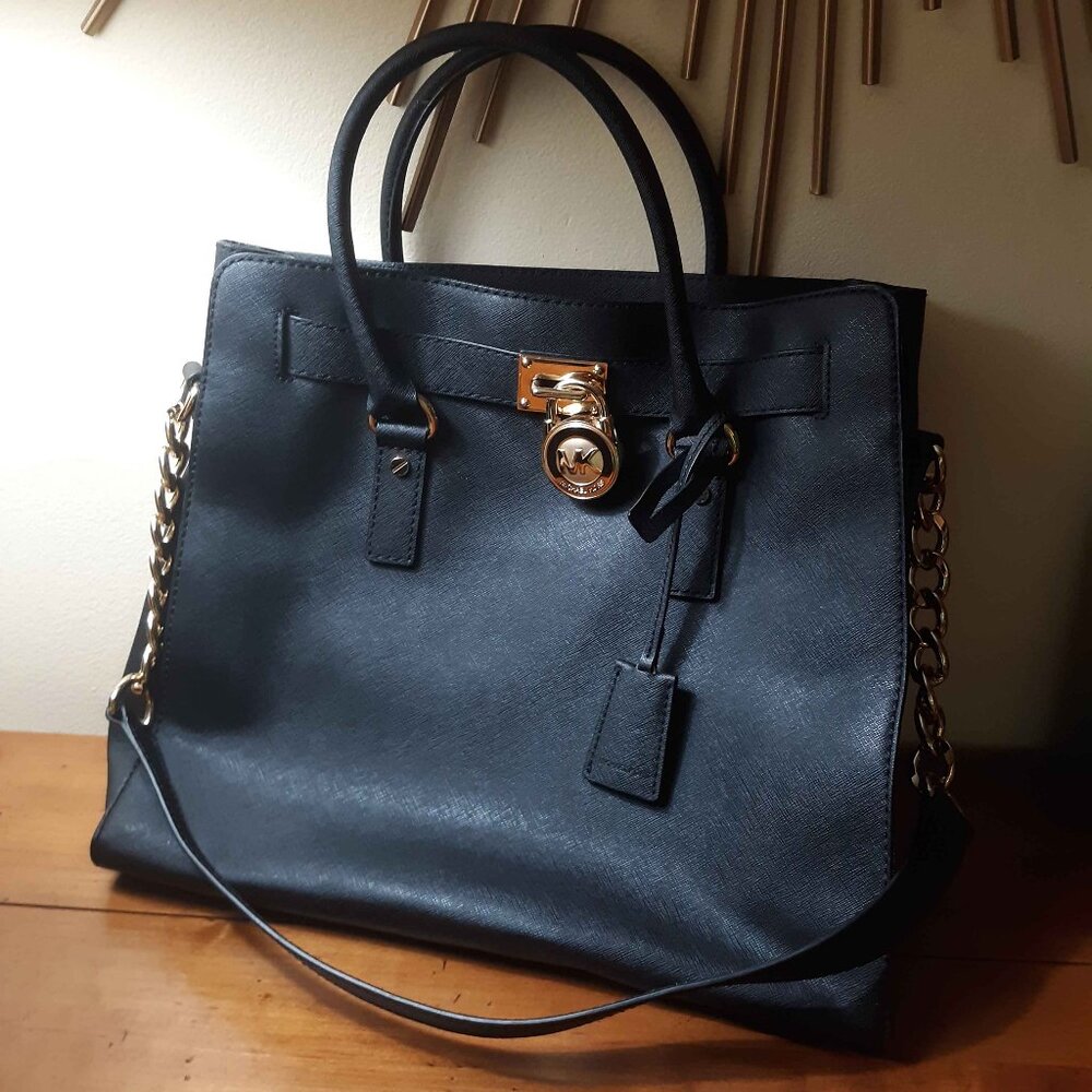 Michael Kors black leather bag with gold hardware lock + key